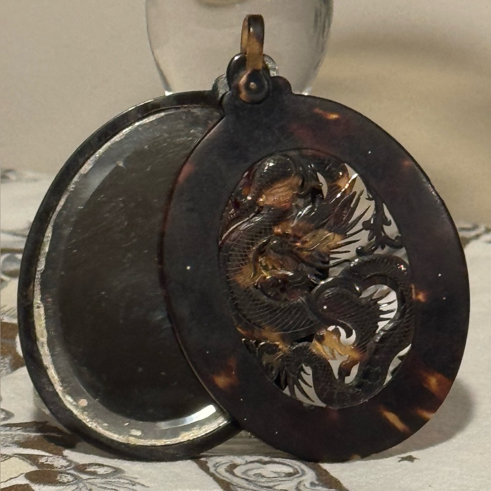 Antique Victorian Faux Tortise Shell -Oval Dragon Mirror/Slide Pendant